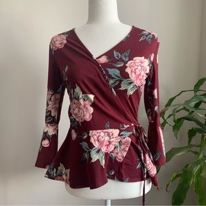 iZ Byer Burgundy Floral wrap top